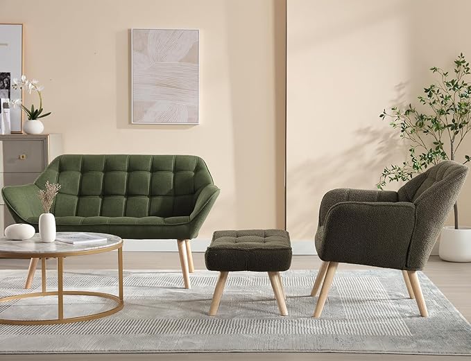 Sherpa Accent Chair with Ottoman, Modern Fuzzy Reading Chair with Ottoman Upholstered Armchair with Wood Legs Comfy Lounge Chair for Small Spaces Living Room Bedroom Book Nook, Green