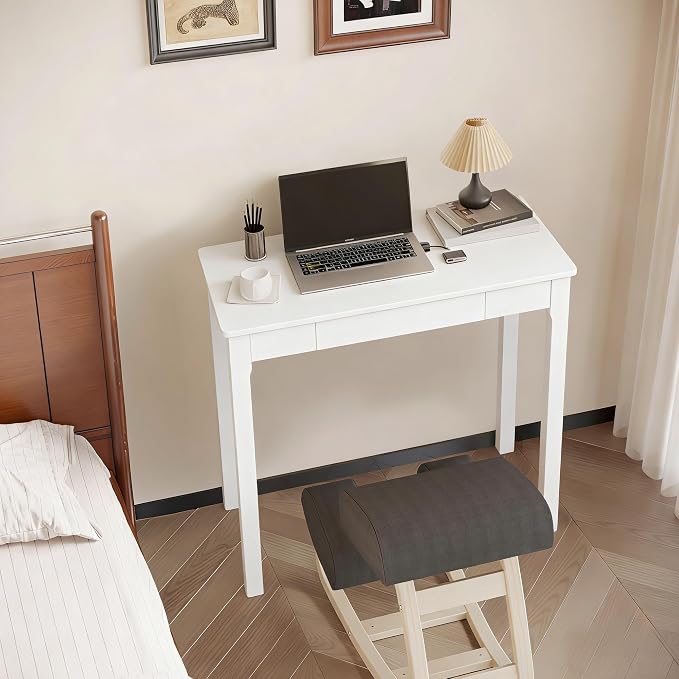 Solid Wood Desk with Drawers - 32 x 16 Inch Simple Narrow Desks, Rubber Wood Study Table, Small Writing Desk for Bedroom|Small Spaces - Modern White Desks