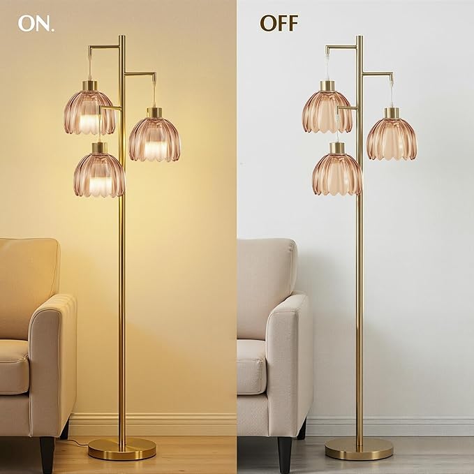 Floor Lamp for Living Room, 3 Light Standing Lamp Mid Century Modern Gold Tree Tall Floor Lamps Vintage Retro Floor Lights Glass Flower Lamp Shade Farmhouse Boho Bohemian