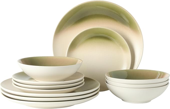 Gibson Elite Crescenton Plates and Bowls Sets, 12-Piece Green Stoneware Dinnerware Sets, Round Reactive Glaze Dish Set