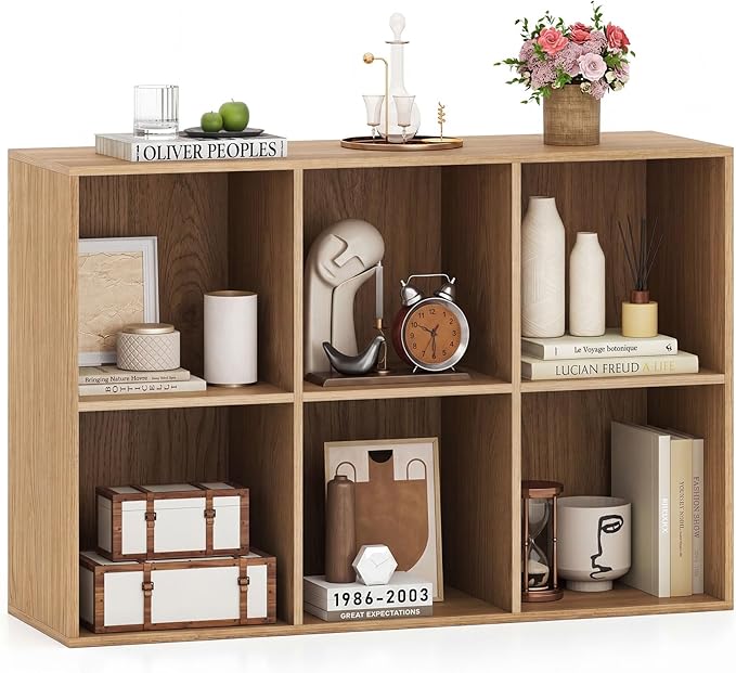 Tangkula 6-Cube Bookcase, Large Floor Standing Horizontal Bookshelf with 6 Open Shelves & 2 Anti-Tipping Kits, Home Office Wooden Storage Book Shelf for Living Room, Study (Natural, 6-Cube)