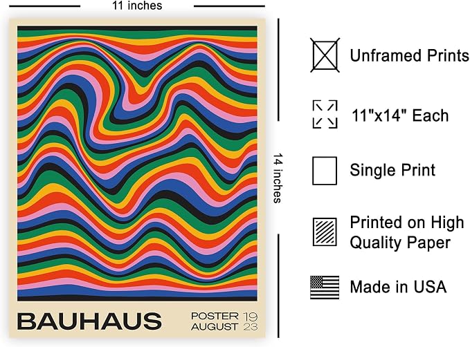 Poster Master Bauhaus Poster - Psychedelic Waves Print - Abstract ART - Rainbow ART - Groovy Style - Chic Boho - Mid Century Modern - Living Room or Bedroom Wall Decor - 11x14 UNFRAMED Wall Decor