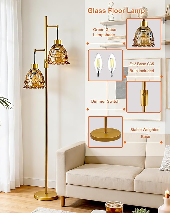2-Light Modern Glass Floor Lamp, Gold Tall Standing Lamp with Amber Lace Glass Shade for Reading, Dimmable LED Floor Lamp with 5Lbs Heavy Base for Living Room Bedroom Home Decor, Bulb Included