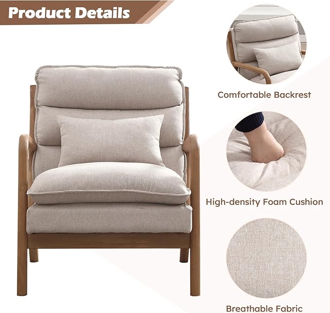 Mid Century Modern Accent Chair, Upholstered Lounge Armchair with Plump Back Pillow, Comfy Reading Chair with Solid Wood Frame for Bedroom Living Room Set of 2, Beige