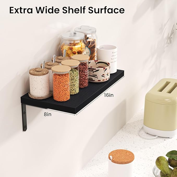 Marsmiles Extra Wide Floating Shelves for Wall, 16x8 Inch Natural Wood Grain Bookshelves, Heavy Duty Mounted Shelving for Bathroom, Kitchen, Living Room, Bedroom,Set of 2，Black