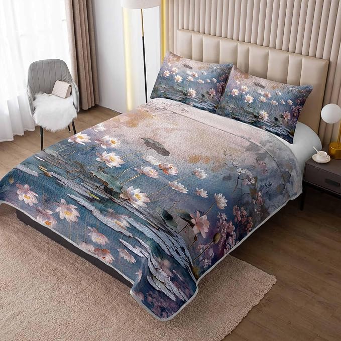 AILONEN Full Quilted Comforter 3-Piece Set, Monet Style Floral Bedspread Coverlet with 2 Pillowcases, Soft Romantic Impressionism Bedding for Teens Guest Room Purple Grey Oil Painting