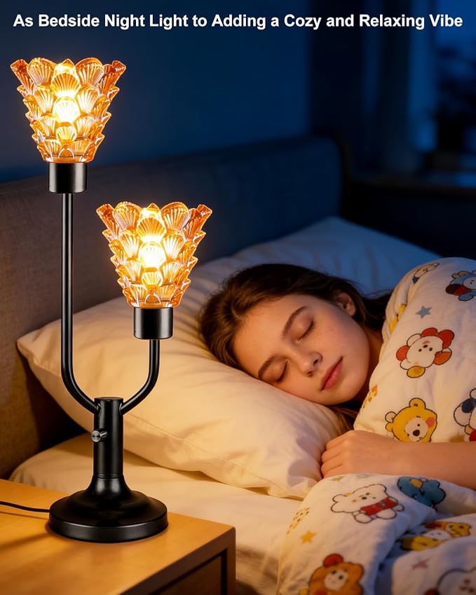 Lightdot Vintage Table Lamp for Living Room Dimmable Mid Century Modern Desk Lamp Amber Glass Black Nightstand Lamp 2 Bulbs Included Warmwhite Ambient Bedside Lamps for Bedroom Home Office Decor Gift