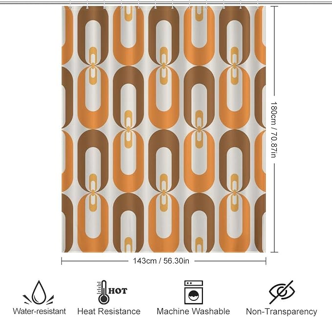Mid Century 70s Pattern Shower Curtains Vintage Geometric Orange Thermal Insulated Washable Waterproof Fabric for Bathroom Decor Bathtub with 12 Hooks 55x72in（140x183cm）
