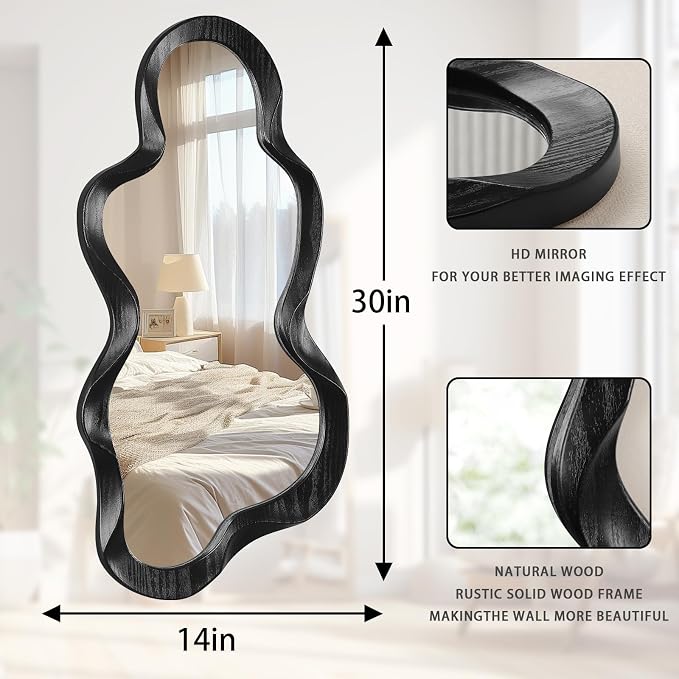 Asymmetrical Mirror Irregular Wall Mirror Modern Wood Frame Unique Mirrors Cute and Stylish Cloud Wavy Mirrors Decorative for Cloakroom Bedroom Living Room Bathroom Entryway 30"x14"