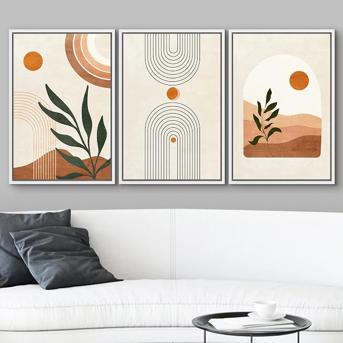 wall26 Framed Canvas Print Wall Art Set Boho Mid-Century Geometric Desert Plant Sun Nature Abstract Illustrations Modern Art Bohemian Decorative for Living Room, Bedroom, Office - 24"x36"x3 White