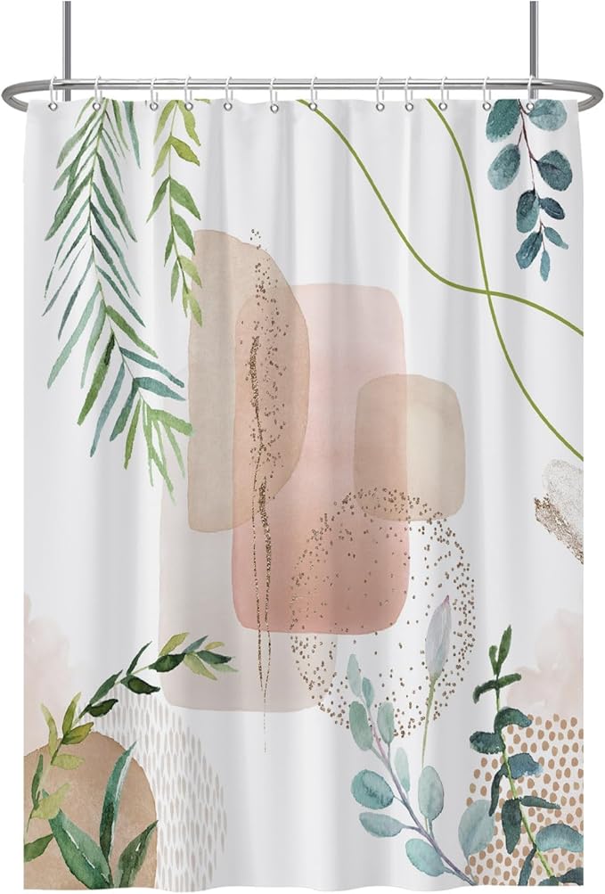 Baocicoo Minimalist Leaves Shower Curtain - Modern Abstract Geometric Botanical Design for Bathroom, Family, Camping, Hostel - Polyester Shower Curtain with Hooks - 72x96 Inches