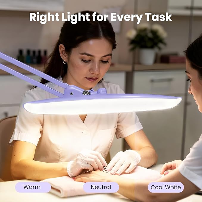 Neatfi XL Nail Desk Lamp with Clamp, 2200 Lumens, 20-Inch Wide Head, Dimmable 4 Levels, 3 Color Modes 3000K–6000K, LED Task Light for Manicure Table, Crafts, Workbench, Office (CCT, Lavender)