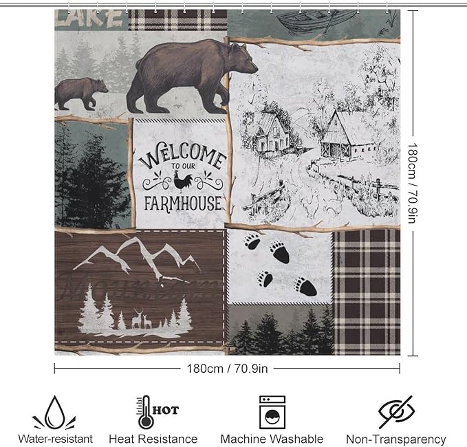 Rustic Cabin Vintage Bear Shower Curtain Country Lodge Deer Mountain Forest Farmhouse Waterproof Shower Curtains for Bathroom Decor 12 Pack Hooks 72x72in (183x183cm)