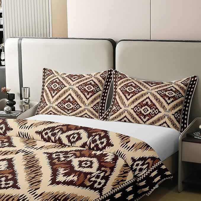 100% Cotton Ikat Bedding Set King Aztec Duvet Cover Paisley Floral Geometric Brown Ethnic Embroidery Comforter Cover Traditional Oriental Traditional Abstract Room Decor Quilt Cover for Man Woman