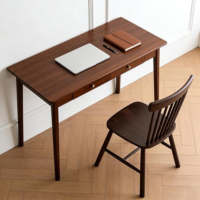 Mid Century Modern Desk, Wood Home Office Computer Desk with 2-Drawers, Vintage Writing Desk Workstation for Study, Bedroom(47.2 inch, Walnut)