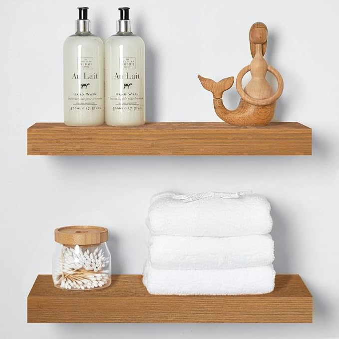 Homeforia 18 inch Golden Oak Floating Shelf, High End Solid Real Wood 18inch Small Floating Shelves for Wall Mounted, Oak Wooden 18in Floating Shelves, Heavy Duty Bracket, 18 X 6.5 X 1.75 in, Set of 3