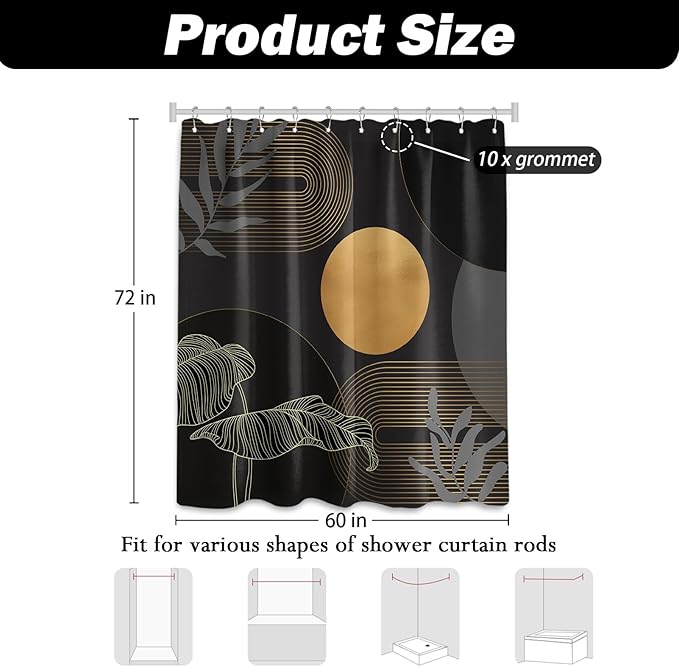 Black and Gold Shower Curtain Dark Mid Century Modern Boho Shower Curtains for Bathroom Decor MCM Masculine Cool Bath Curtain Set, Waterproof Fabric with Hooks 60 x 72 Inch
