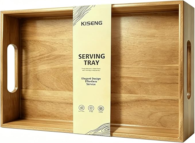 Acacia Wood Serving Tray with Handles, 17 x 12 Inch Large Wooden Tray for Food & Drinks, Coffee Table, Ottoman, Breakfast in Bed – Includes Free Leather Mat