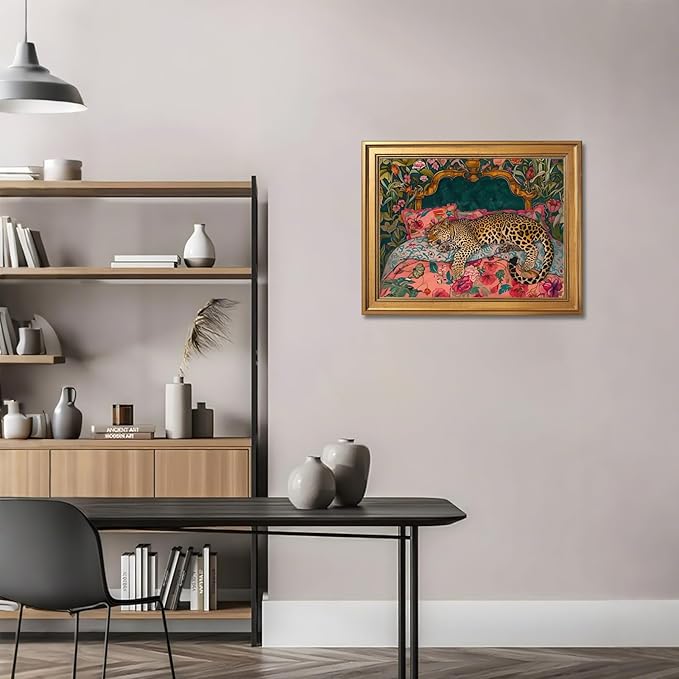 Gold Framed Sleeping Leopard Wall Art Luxury Jungle Colorful Cheetah Animal Poster Retro Maximalist Tropical Floral Pink Dopamine Canvas Print Aesthetic for Bedroom Home Decor 12x16inch