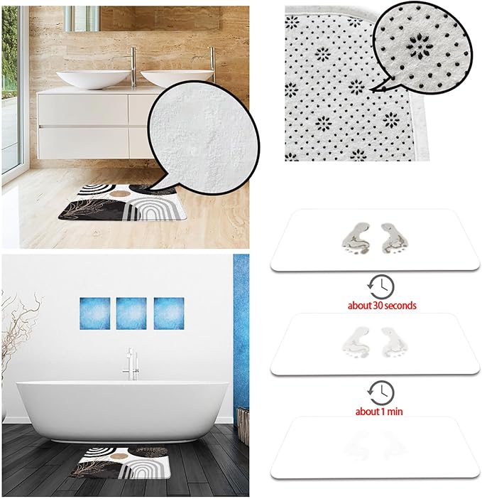 Boho Mid Century Bath Mat Black White Moern Minimalist Leaves Arch Abstract Retro Bathroom Mat Rug Memory Foam Doormat，17.8x29.5 Inch
