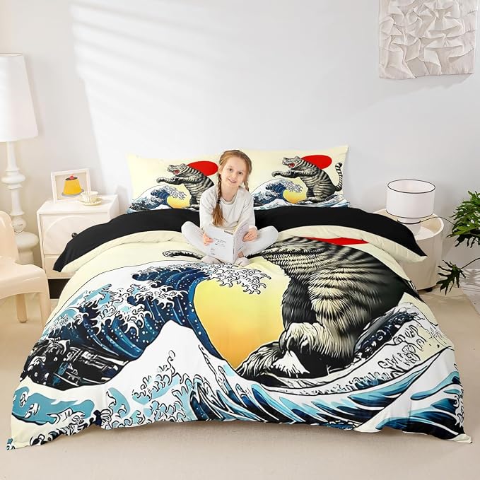 Erosebridal Funny Japanese Cat Duvet Cover Queen Japanese Ukiyo-E Cat Bedding Set Kawaii Animal Comforter Cover for Kids Girls Boys Adults Sunset Ocean Sea Waves Bed Set