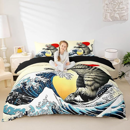 Erosebridal Funny Japanese Cat Duvet Cover Full Japanese Ukiyo-E Cat Bedding Set Kawaii Animal Comforter Cover for Kids Girls Boys Adults Sunset Ocean Sea Waves Bed Set