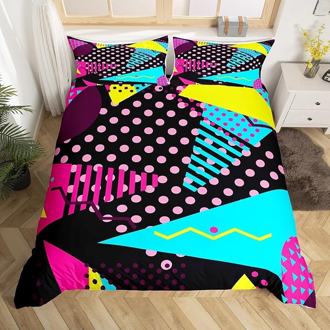 Memphis Duvet Cover Set Queen Size, Retro 80s or 90s Fashion Style Comforter Cover with 2 Pillowcases, Geometric Triangle Circle Bedding Set for Kids Boy Girls Lightweight Bedspread Cover,No Comforter