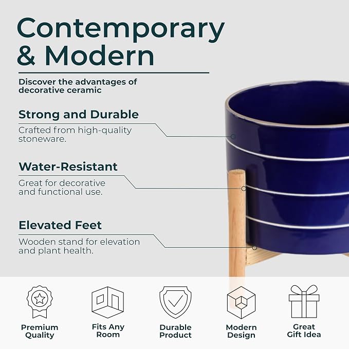 Striped Ceramic Planters with Wooden Stand for Home Decor Flower Pots for Entryway, Patio, Tabletop, and Garden - Colorful Decorative Pots for Indoor and Outdoor Plants - 9", Blue & Tan
