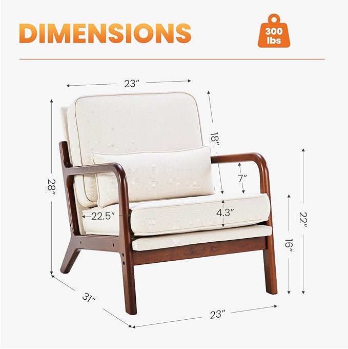 DUMOS Accent Chair Mid Century Modern Chair with Arms and Waist Cushion, Reading Chairs for Adults with Solid Frame, Lounge Side Sitting Armchair for Living Room, Bedroom, Balcony, Creamy