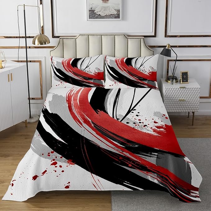 Erosebridal Black and Red Coverlet Set Queen | Modern Geometric Striped Quilt Set for Boys Girls Contemporary Watercolor Graffiti Bedspread Sets Boho Minimalist Aesthetic Art Quilts 3 Pieces