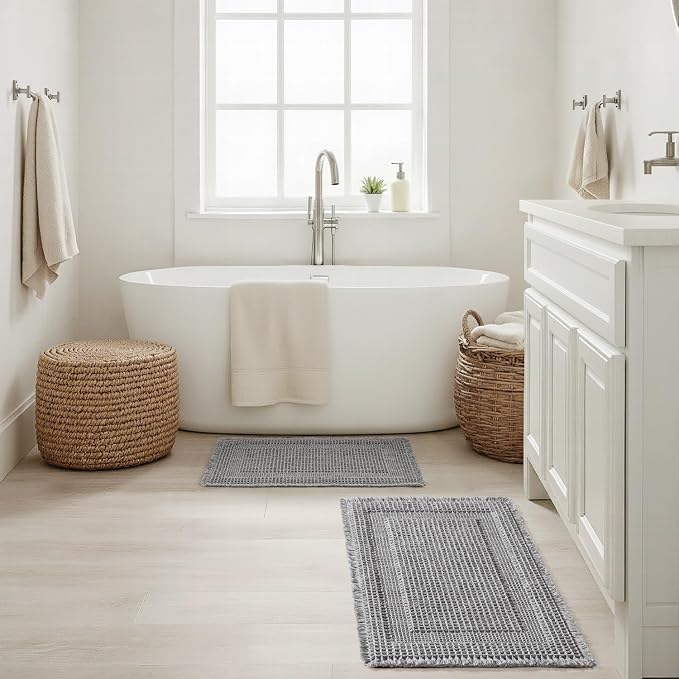 MIULEE Set of 2 Waffle Bathroom Rugs, Boho Bath Rug Super Absorbent, Non Slip Washable Ultra Soft Rubber Backed Shower Bath Mats for Floor, Tub, Shower, Looped Design, Light Grey, 18x30 Inch