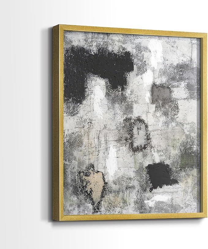 Renditions Gallery Set of 2 Peel & Stick Framed Prints, Abstract Wall Art, Hand Painted Black and White Pattern Wall Decor, Re-Stickable - Ready to Hang - 8"x10" - GOLD Frame LT588