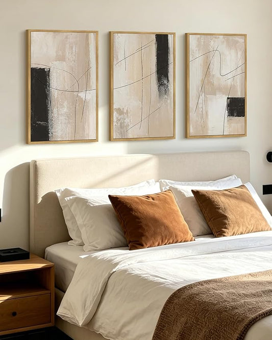 KUVIOKE Abstract Framed Wall Art Minimalist Beige Pastel Watercolor Neutral Wall Decor Modern Black Line Art Painting for Bedroom Dining Room 16x24in (Natural Framed)