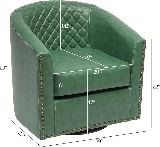 KINWELL 29" Wide Tufted Faux Leather Swivel Barrel Chair, PU Leather Modern Upholstered Accent Chairs with Nailhead Trim, Small Armchair for Living Room Bedroom, Green