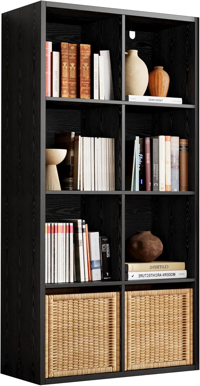 IRONCK Bookshelf, 8-Cube Storage Cube Shelf Organizer, Extra Thick Frame Horizontally & Vertically Reversible Bookcase with Open for Living Room, Bedroom, Home Office, Black