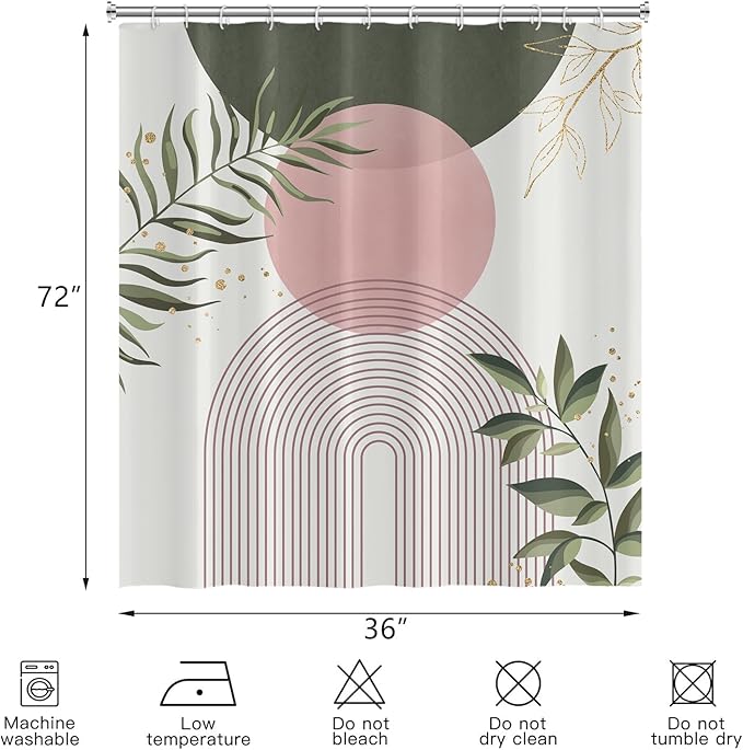 Boho Mid Century Shower Curtain, Pink Modern Minimalist Abstract Geometric Sage Green Gold Plant Leaves Bathroom Curtains Washable Waterproof Fabric Buthtub Curtain Set with Hooks 36" Wx72 L