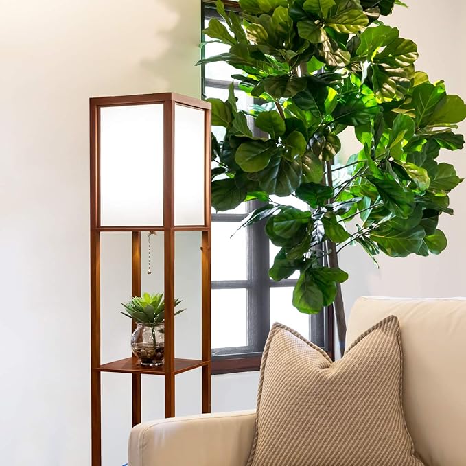 Brightech Maxwell - Modern Shelf Floor Lamp with Lamp Shade & Warm White LED Bulb, Corner Display Floor Lamp with Shelves for Living Room, Bedroom, Nightstand Office, Home Decor Storage - Walnut Brown