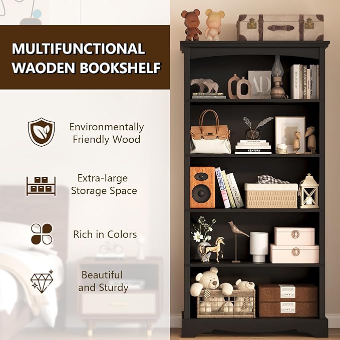 TVU 5-Tier Wooden Bookshelf, 65" Tall Farmhouse Style Open Bookcase, 31.5" W Standing Book Shelf with Storage, Suitable for Study, Living Room, Office, Blcak