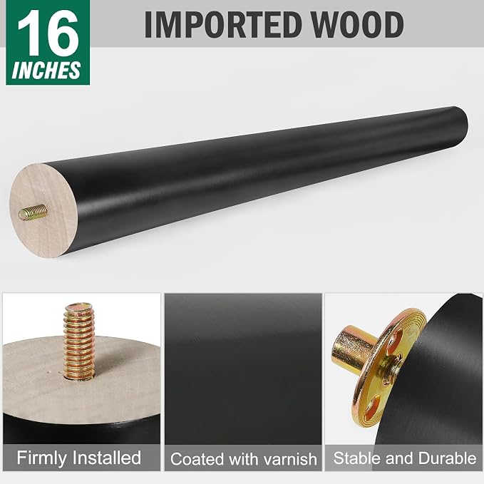 FoDau770 Black Rubber Wood Furniture Legs 16 Inches, Slant Tapered Wood Feet Mid Century Table Legs Set of 4, 5/16" UNC Screw-in Furniture Feet - Max Leg Diameter 2.3"