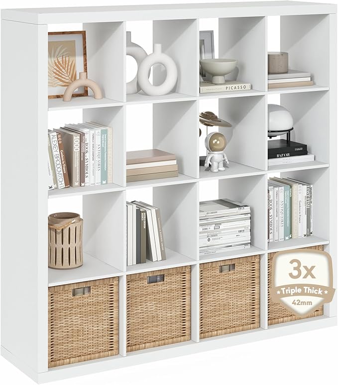 Furinno Cubicle Book Shelf, 16-Cube Bookshelf, Triple Thick Frame Cube Storage Organizer, 1.65" Bookcase, 15.4" x 57.4" x 56.9", for Home Office, Living Room, Plain White