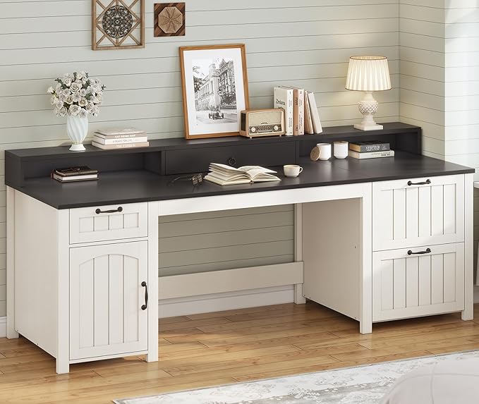 SEDETA Farmhouse 63" Executive Desk, Home Office Desk with File Drawer and Monitor Stand, Computer Desk with Drawers and Storage Cabinet, Wood Desk for Work Study Writing, White