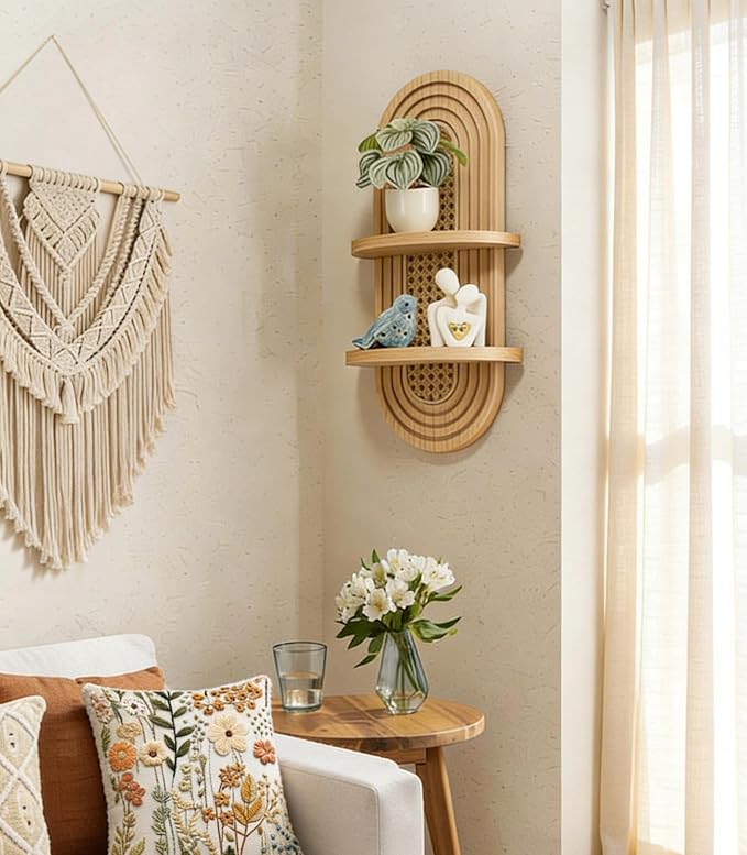 2-Tier Woven Rattan Floating Shelves, Mid-Century Modern Boho Wooden Wall Hanging Decor Plant Shelf for Living Room, Bedroom, Bathroom, Home Office, Ideal for Small Planters & Accents (Natural)