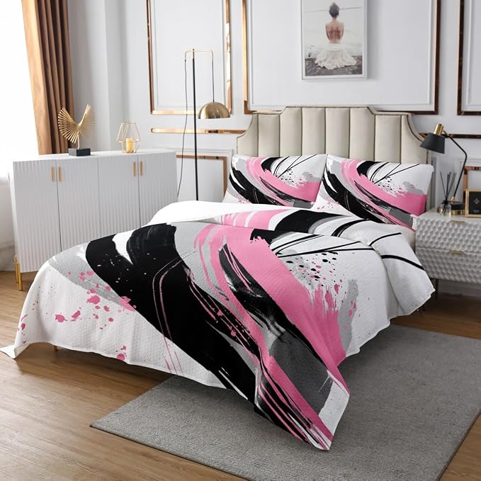 Erosebridal Black and Pink Quilt Set Twin - Geometric Decorative Abstract Coverlet Set Striped Bed Sets for Girls Boys Adults Watercolor Minimalists Graffiti Aesthetic Lines Quilts