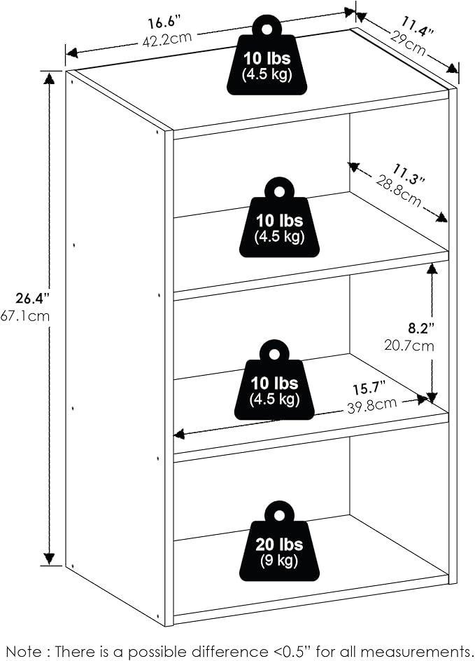 Furinno Basic Book Shelf, 3-Tier Bookshelf, Storage Organizer Bookcase with Open Shelf, 11 x 17 x 26, for Living Room, Bedroom, Home Office, Espresso