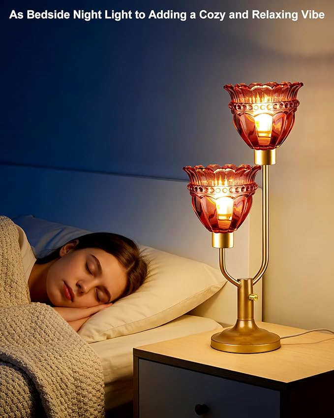 Lightdot Mid Century Modern Table Lamp Dimmable Vintage Gold Desk Lamp Red Glass Nightstand Lamp 2 Bulbs Included Warmwhite Ambient Bedside Lamps for Living Room Bedroom Girls Room Home Office Decor