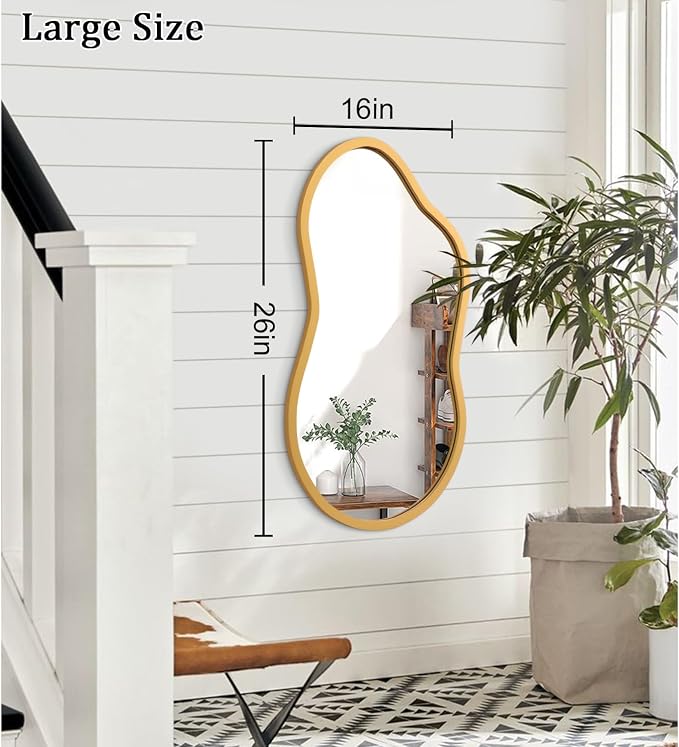 AAZZKANG Large Wall Mirror with Wood Framed 26"x16" Gold Irregular Hanging Mirrors Asymmetrical for Bathroom Bedroom Living Room Entryway