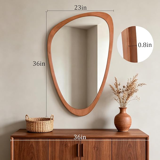 HOMECOOKIN 36" H x 23" W Asymmetrical Mirror, Irregular Wooden Wall Mirror for Bedroom, Living Room,Entryway– Boho Mid-Century Modern Decorative Mirror, Solid Wood Frame, Pebble Shaped Design (Walnut)