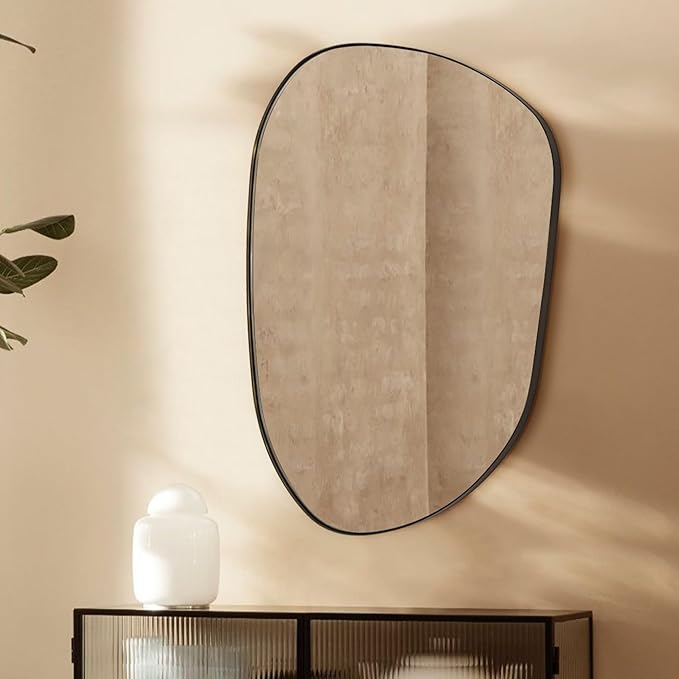 22 x 30 Black Asymmetrical Irregular Mirror Matt Black Metal Framed Accent Mirror for Bathroom Vanity, Entryway or Living Room