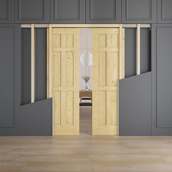48" x 80" (Double 24" x 80") 6 Panel All-Inclusive Soft Close & Solid Core Sliding Pocket Door, Pine Wood Door with Frame & Hardware Kit, Pocket Interior Doors for Home, Unfinished