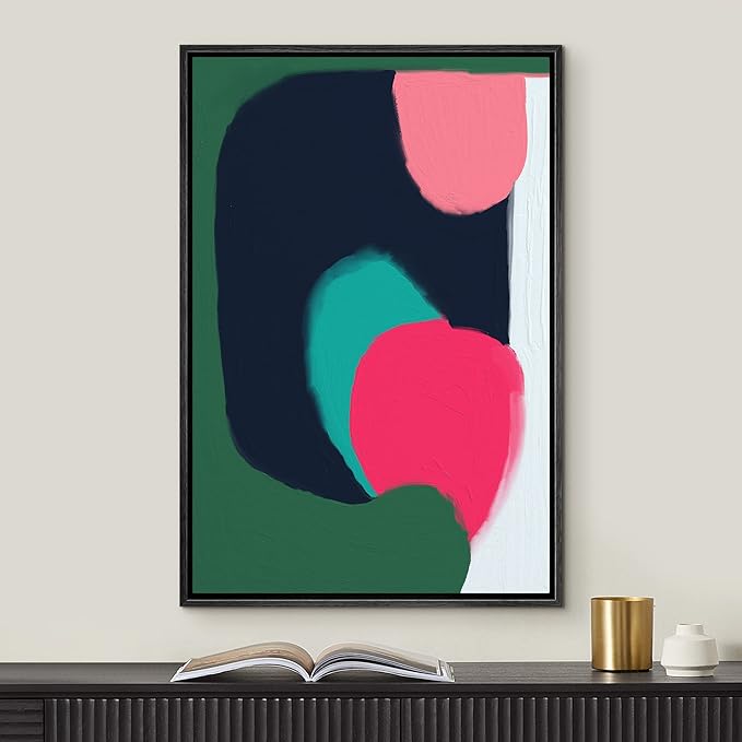 MUDECOR Framed Canvas Print Wall Art Pink Green Paint Stroke Collage Abstract Shapes Illustrations Minimalism Decorative Relax/Zen Colorful Nordic for Living Room, Bedroom, Office - 16"x24" Black